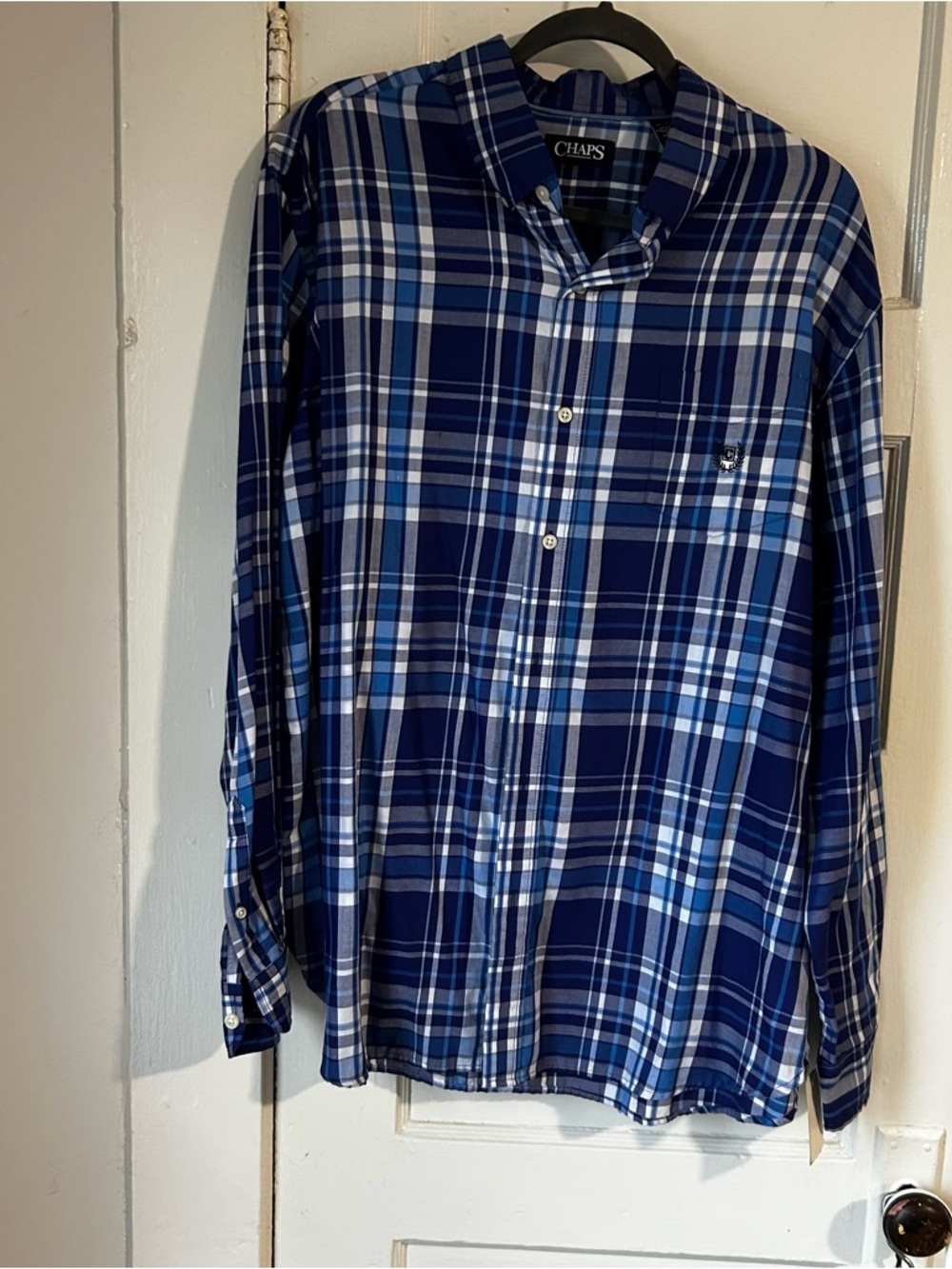 Chaps Men's Blue and White Plaid Button-Down Shirt XL